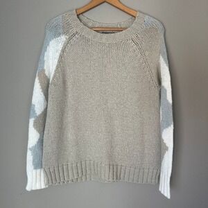 Wooden Ships Beige Crewneck Sweater with White & Light Gray Patterned Sleeves